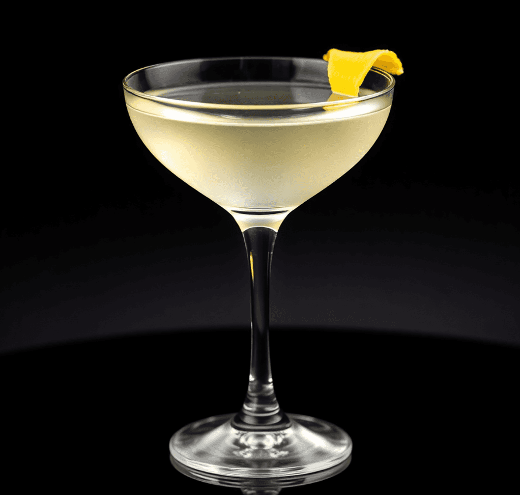 A classic dry martini in a sleek glass with a lemon twist, set against a dark, elegant background.