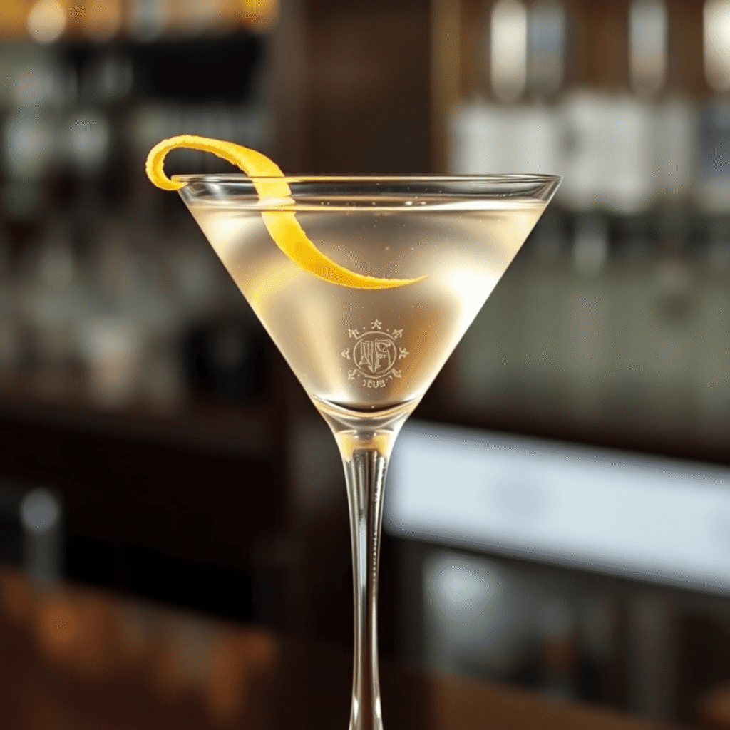 A classic dry martini in an elegant glass with a lemon twist, set against a sophisticated bar background.